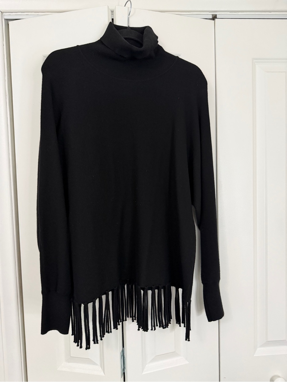 Carmen Marc Valvo Black Turtleneck Fringe Hem Sweater